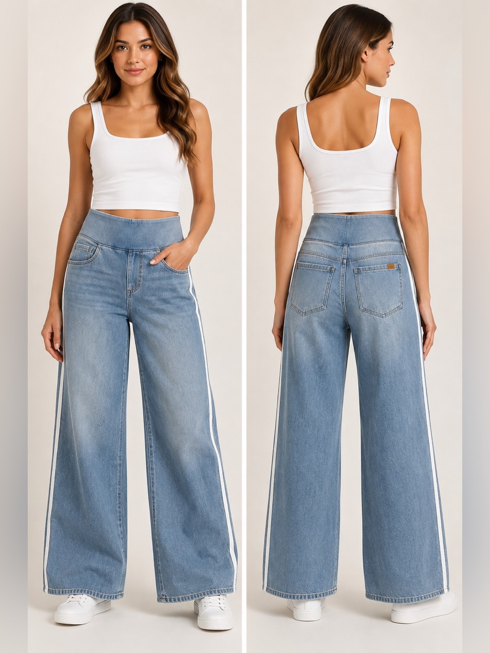 Halara XS High Waisted Stretch Wide Leg Jeans Side Stripe Light Wash